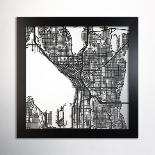 Seattle, WA square frame laser cut map - CarbonLight