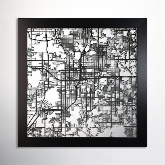 Orlando, FL square frame laser cut map - CarbonLight