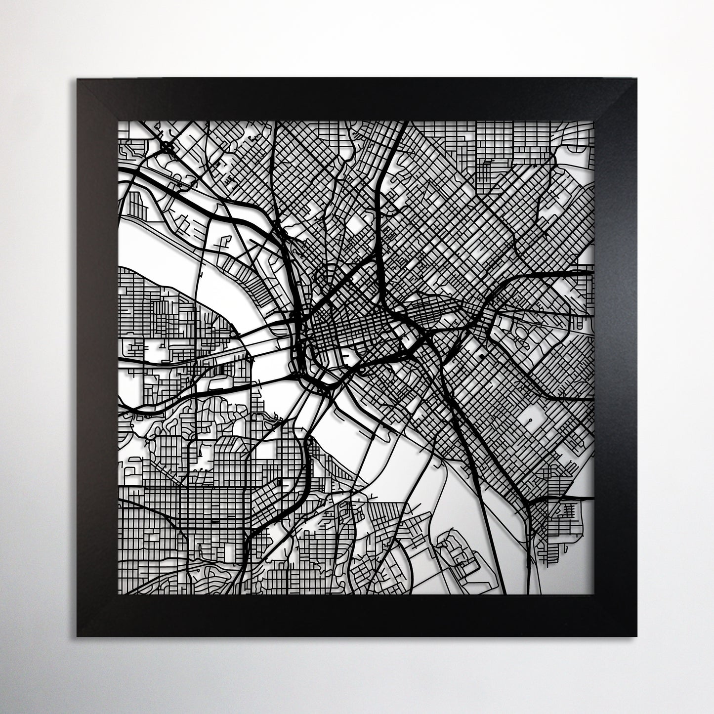 Dallas, TX square frame laser cut map - CarbonLight