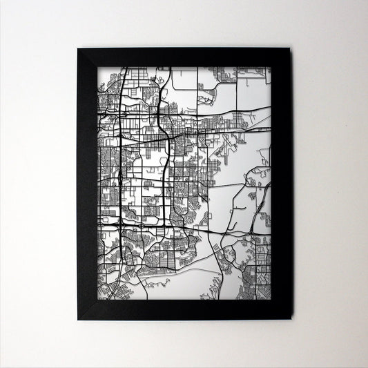 Grand Prairie Texas framed laser cut map - CarbonLight