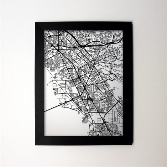 Hayward California framed laser cut map - CarbonLight