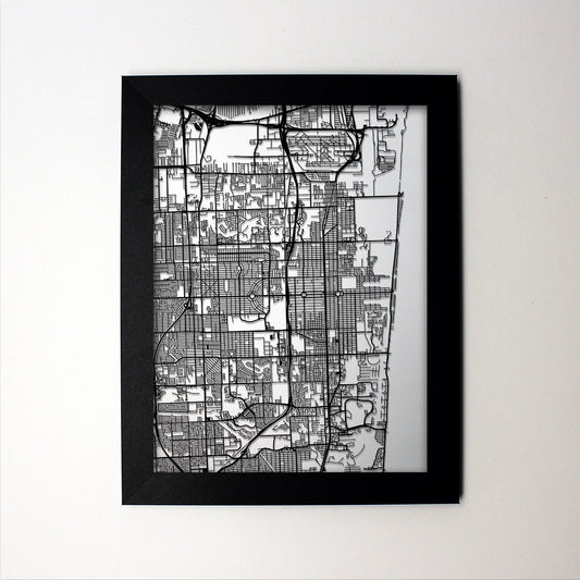 Hollywood Florida framed laser cut map - CarbonLight