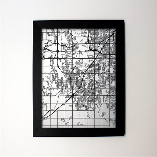 Olathe Kansas framed laser cut map - CarbonLight