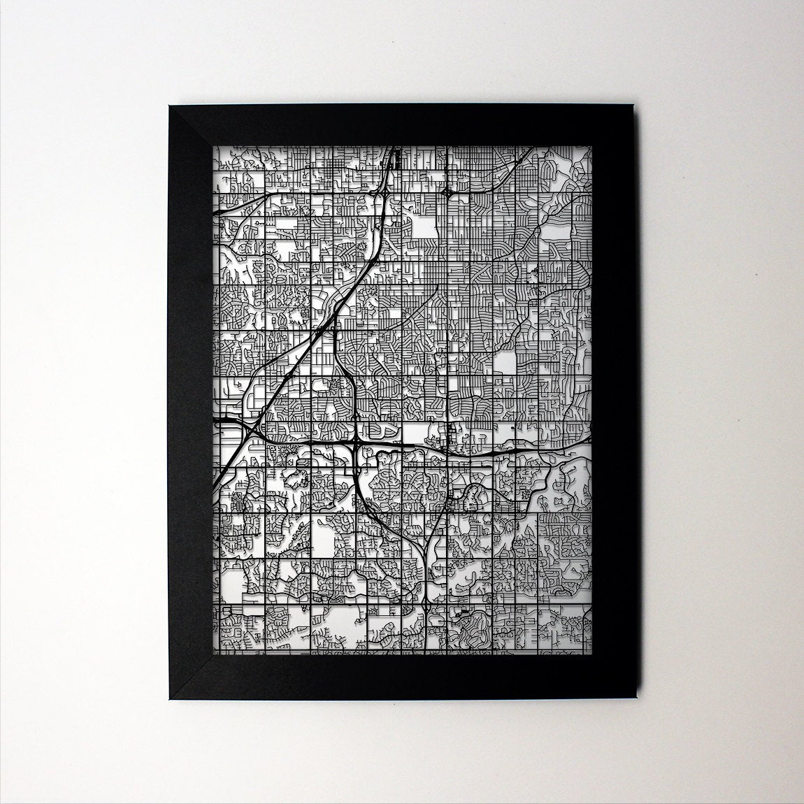 Overland Park Kansas framed laser cut map - CarbonLight