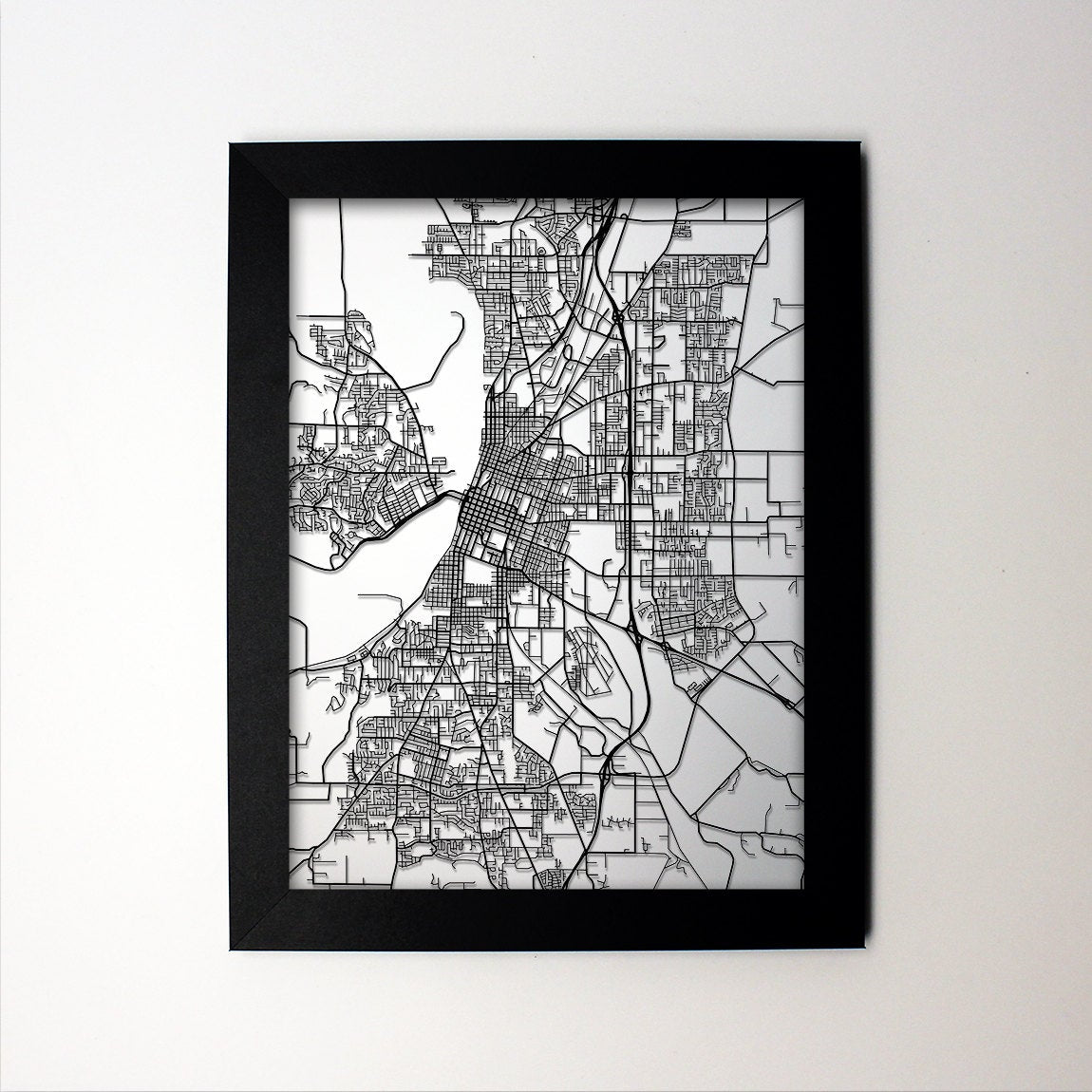 Salem Oregon framed laser cut map - CarbonLight