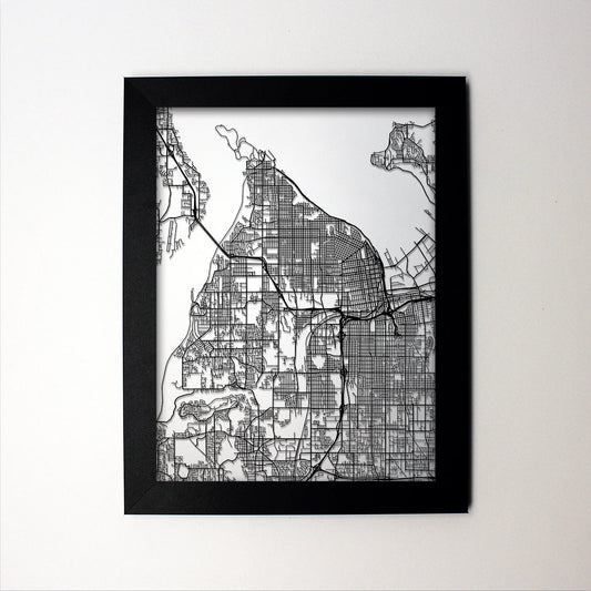 Tacoma Washington framed laser cut map - CarbonLight